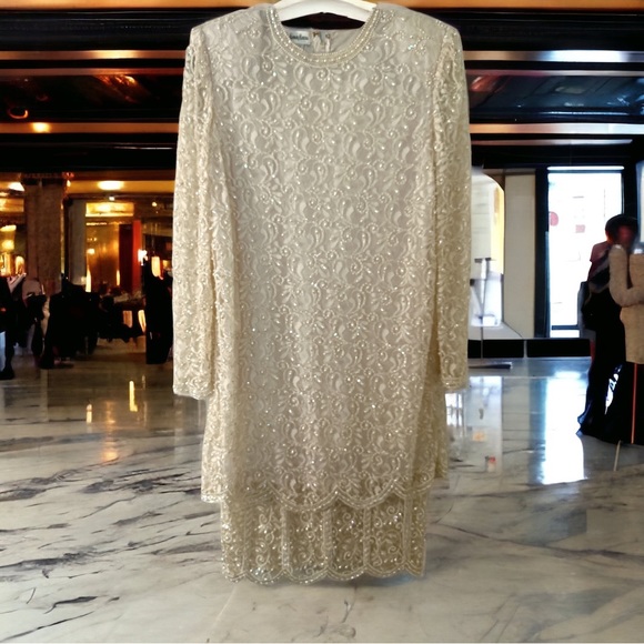 Vintage Neiman Marcus beaded sequin lace cream dress SZM - Picture 2 of 14